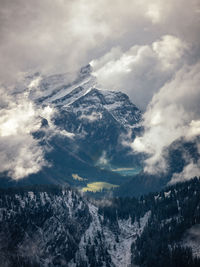 Aerial view of snowcapped mountains against sky