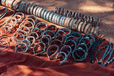 High angle view of jewelry for sale