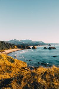 Scenic view of sea against clear blue sky