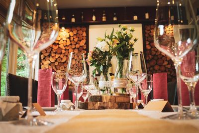 Glasses on table at restaurant