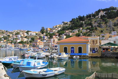 Boats in river with buildings in background