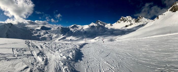 Panoramic view of snowcapped mountains against sky