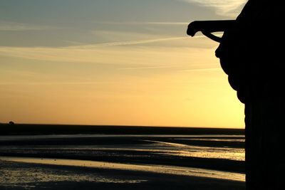 Silhouette man on beach against sky during sunset
