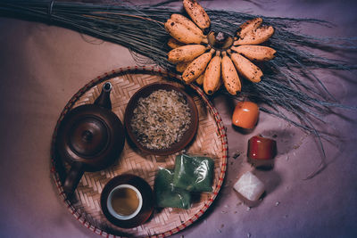 High angle view of bread in plate on table