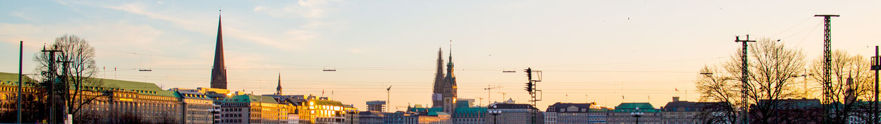 Panoramic view of city against sky during sunset