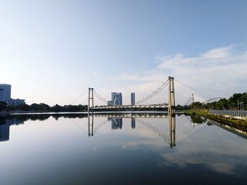 View of suspension bridge over river