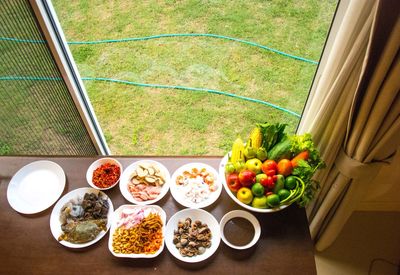 High angle view of breakfast served on table