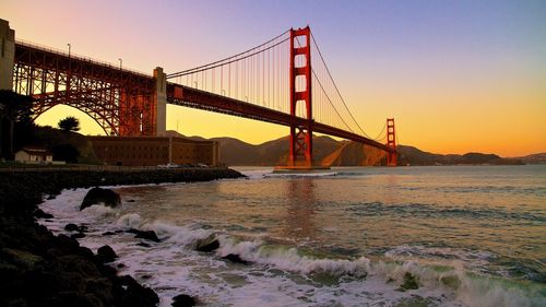 View of suspension bridge at sunset