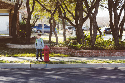 Boy standing by fire hydrant on footpath against trees