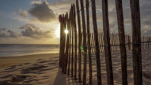 Low angle view of wooden posts on beach at sunset