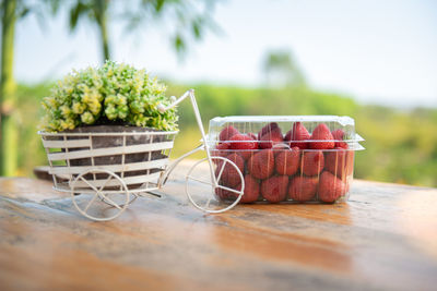 Close-up of fruits in basket on table