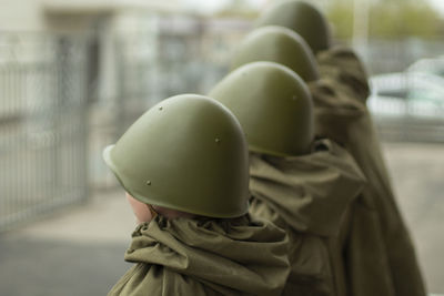 Soldiers in helmets. military people. soldiers of the second world war. soviet military uniform. 