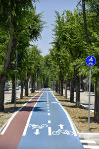 Road sign amidst trees