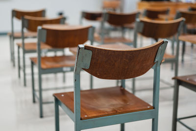 Close-up of empty chairs and table in restaurant