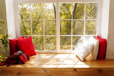 Autumn cozy home , window sill with sunlights 