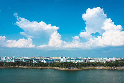 Aerial view of city by sea against sky