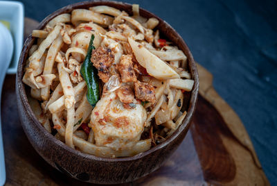 High angle view of noodles in bowl on table