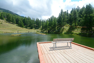 Scenic view of lake by trees against sky