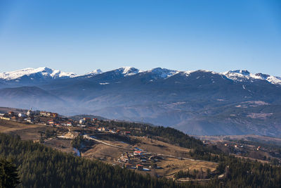 Scenic view of snowcapped mountains against clear sky