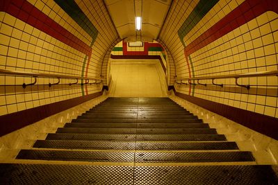 High angle view of illuminated steps and staircases in railroad station