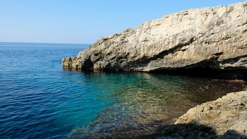 Scenic view of sea against clear blue sky