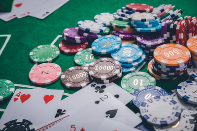 High angle view of gambling chips and cards on table