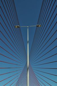 Low angle view of suspension bridge cables against blue sky