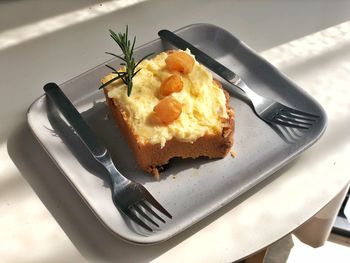 High angle view of dessert in plate on table