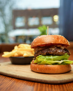 Close-up of burger on table