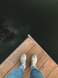 Low section of person standing on wood