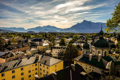 High angle view of townscape against sky in city