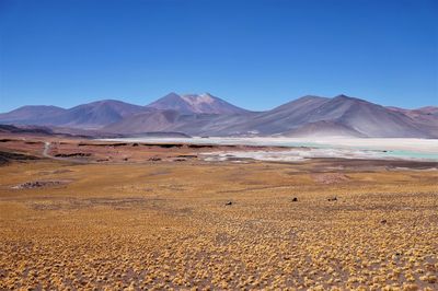 Scenic view of mountains against clear blue sky