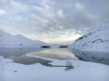 Scenic view of frozen lake against cloudy sky