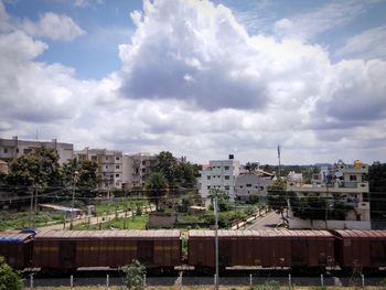 High angle view of buildings against sky