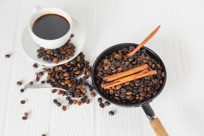 High angle view of coffee beans on table