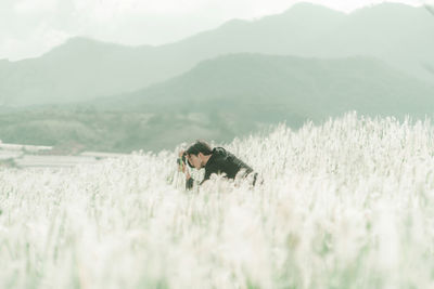 High angle view of dog on field