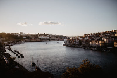 High angle view of river by buildings against sky