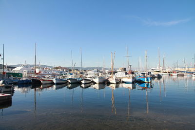 Sailboats moored at harbor against clear blue sky