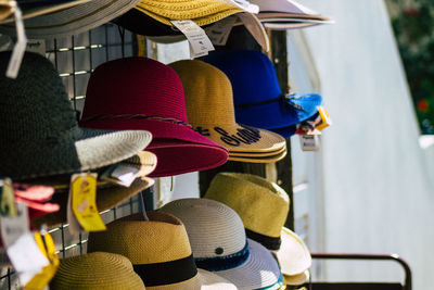 Close-up of hats for sale