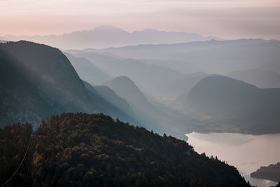 Scenic view of mountains against sky during sunset