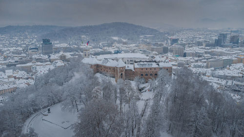 High angle view of townscape against sky during winter