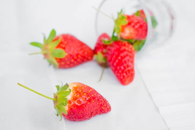 High angle view of strawberries on table against white background