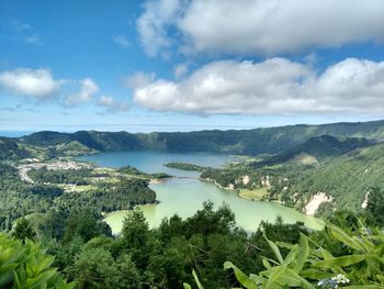 Scenic view of lake and mountains against sky