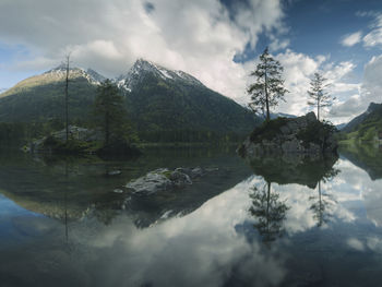 Scenic view of lake and mountains against sky