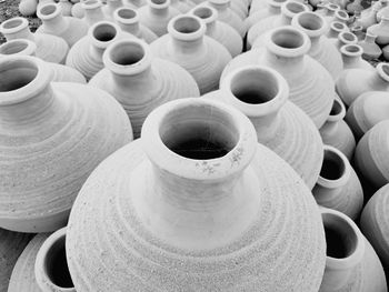High angle view of various pot