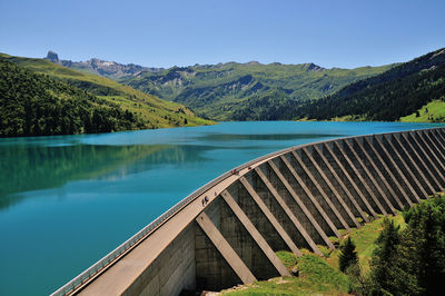 Scenic view of dam by lake against sky