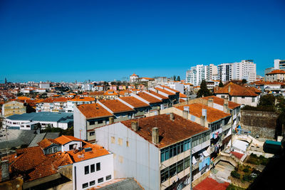 High angle view of townscape against blue sky