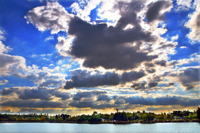 Scenic view of sea against dramatic sky