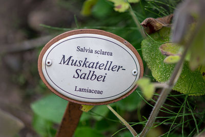 Close-up of information sign