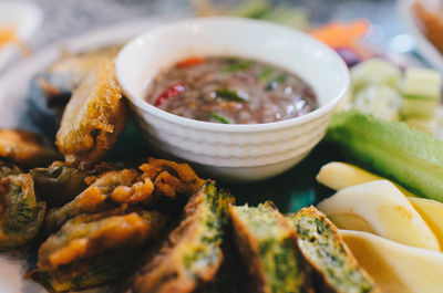 Close-up of meal served on table